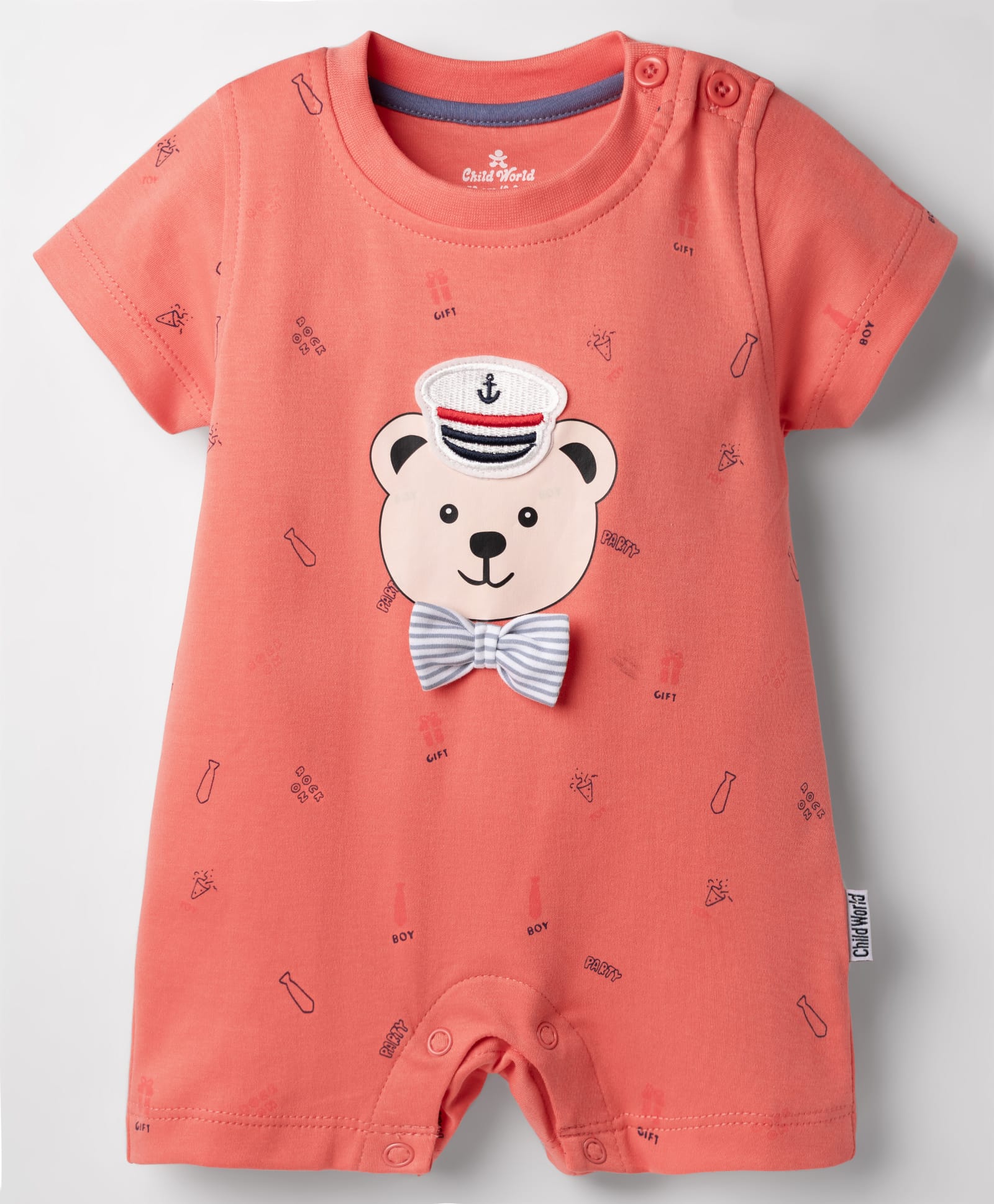 Child World Interlock Knit Half Sleeves Bear Printed Romper With Bow Applique - Red-picture-39
