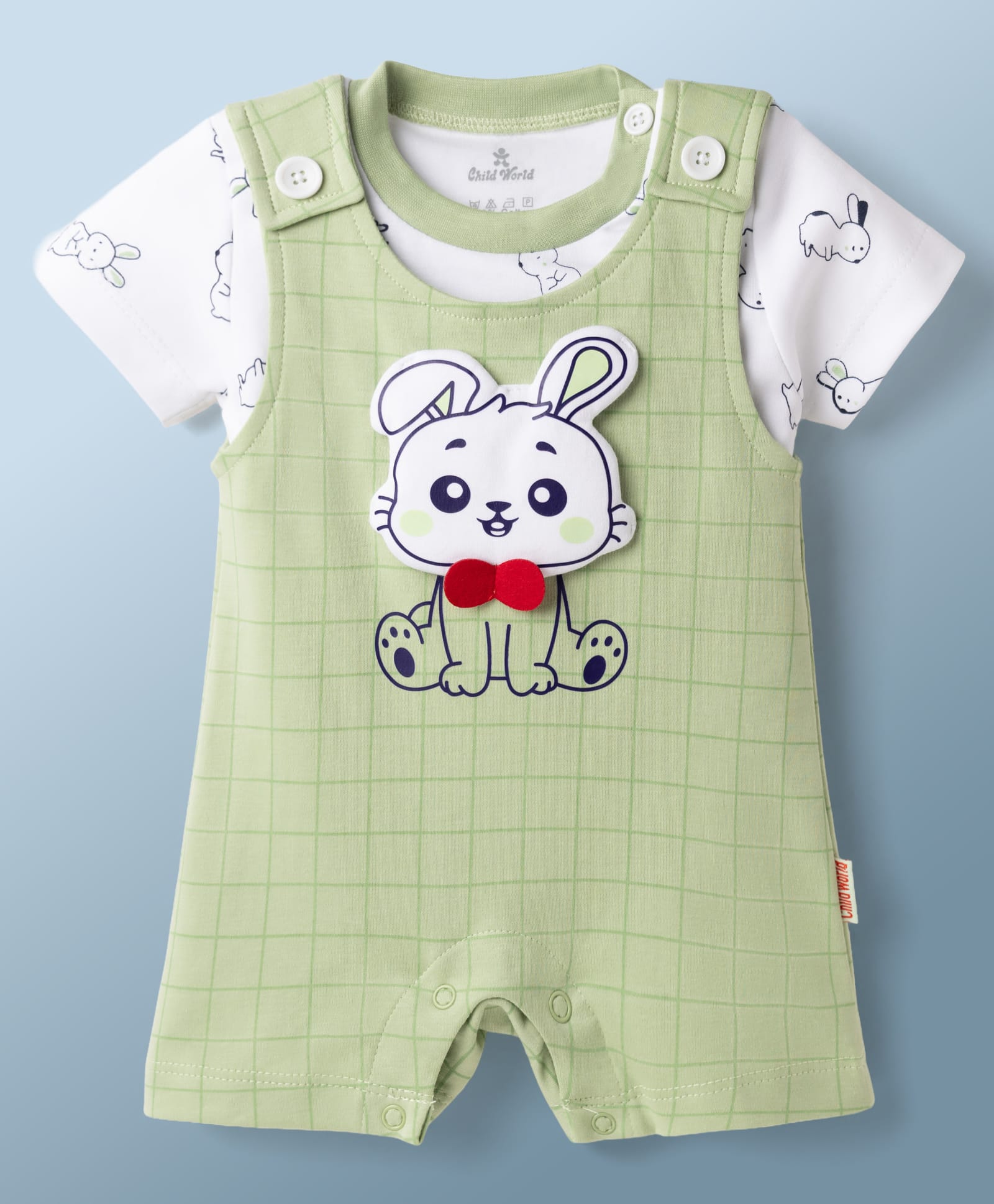 Child World Interlock Knit Checks Dungaree Style Romper & Half Sleeves T-Shirt With Bunny Print - Olive Green-image-12
