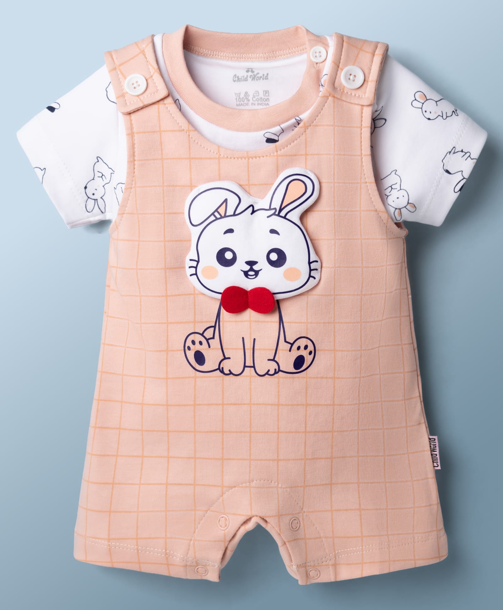 Child World Interlock Knit Checks Dungaree Style Romper & Half Sleeves T-Shirt With Bunny Print - Pink-image-11