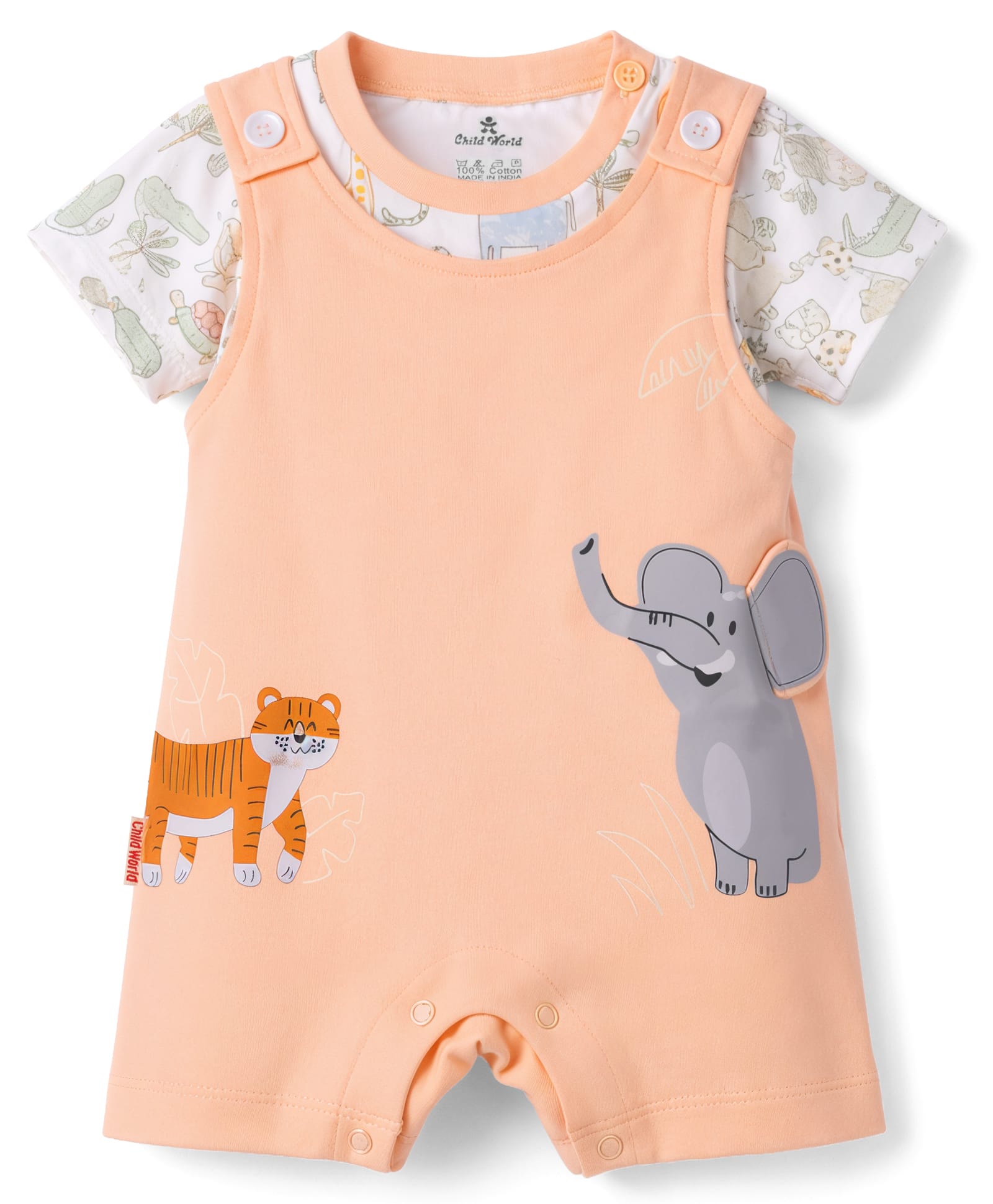 Child World Interlock Knit Dungaree & Half Sleeves Inner Tee with Animal Print - Peach-image-42