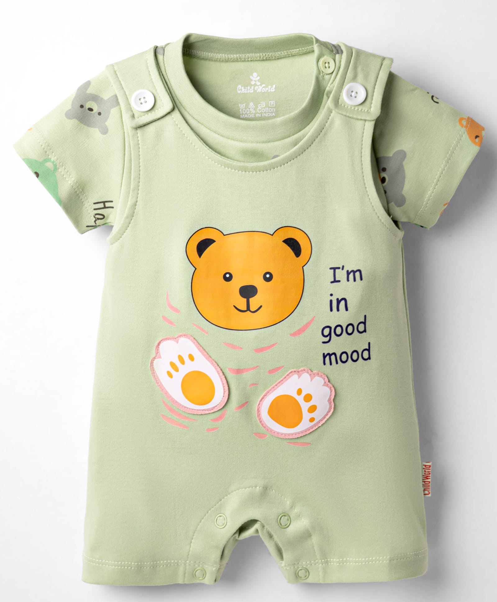 Child World Interlock Knit Dungaree Style Romper & Half Sleeves T-Shirt With Teddy Bear Print - Olive Green-picture-49