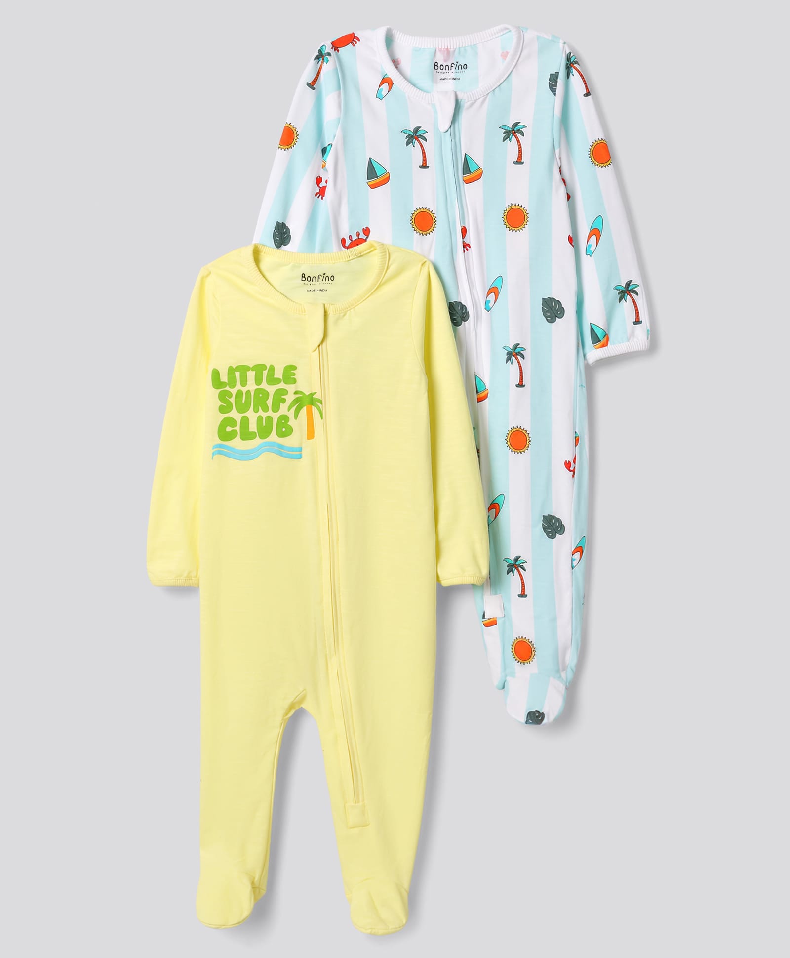 Bonfino 100% Cotton Knit Full Sleeves Footed Sleepsuits with Beach Print Pack of 2 - White & Yellow-picture-43