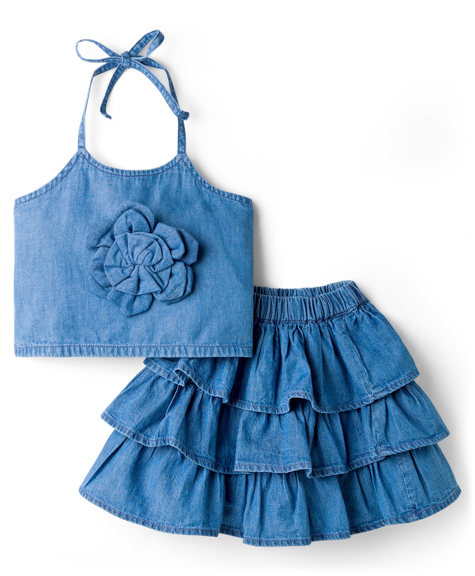 Babyhug Select Denim Sleeveless Tops & Layered Skirt Set with Floral Applique - Blue