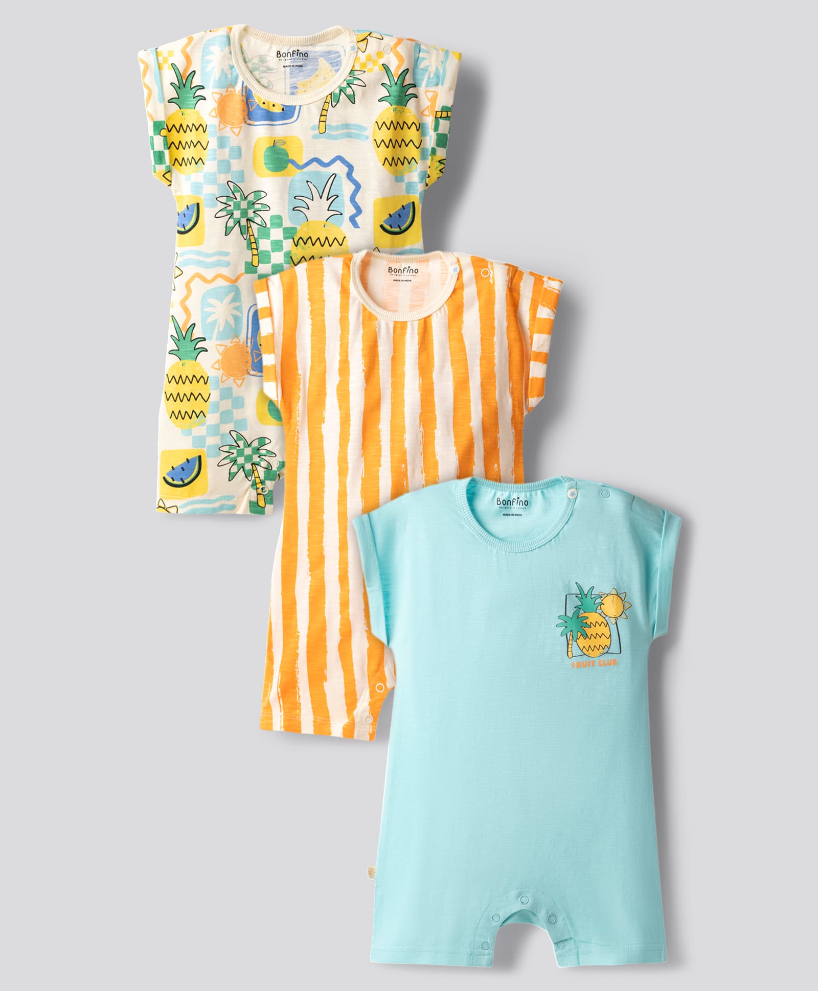 Bonfino 100% Cotton Knit Half Sleeves Striped & Tropical Theme Printed Rompers Pack Of 3 - Multicolor-picture-16