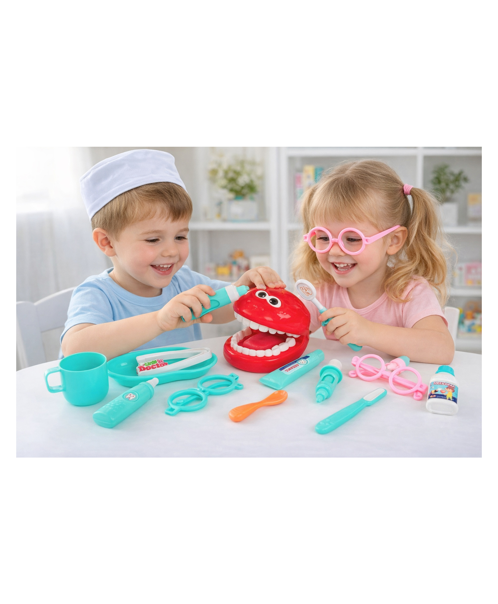 Sanjary Kids Dentist Doctor Pretend Play Toy Set 13pcs with Teeth Model and Medical Tools, Fun Educational Role Play Game for Children color design may vary-picture-3