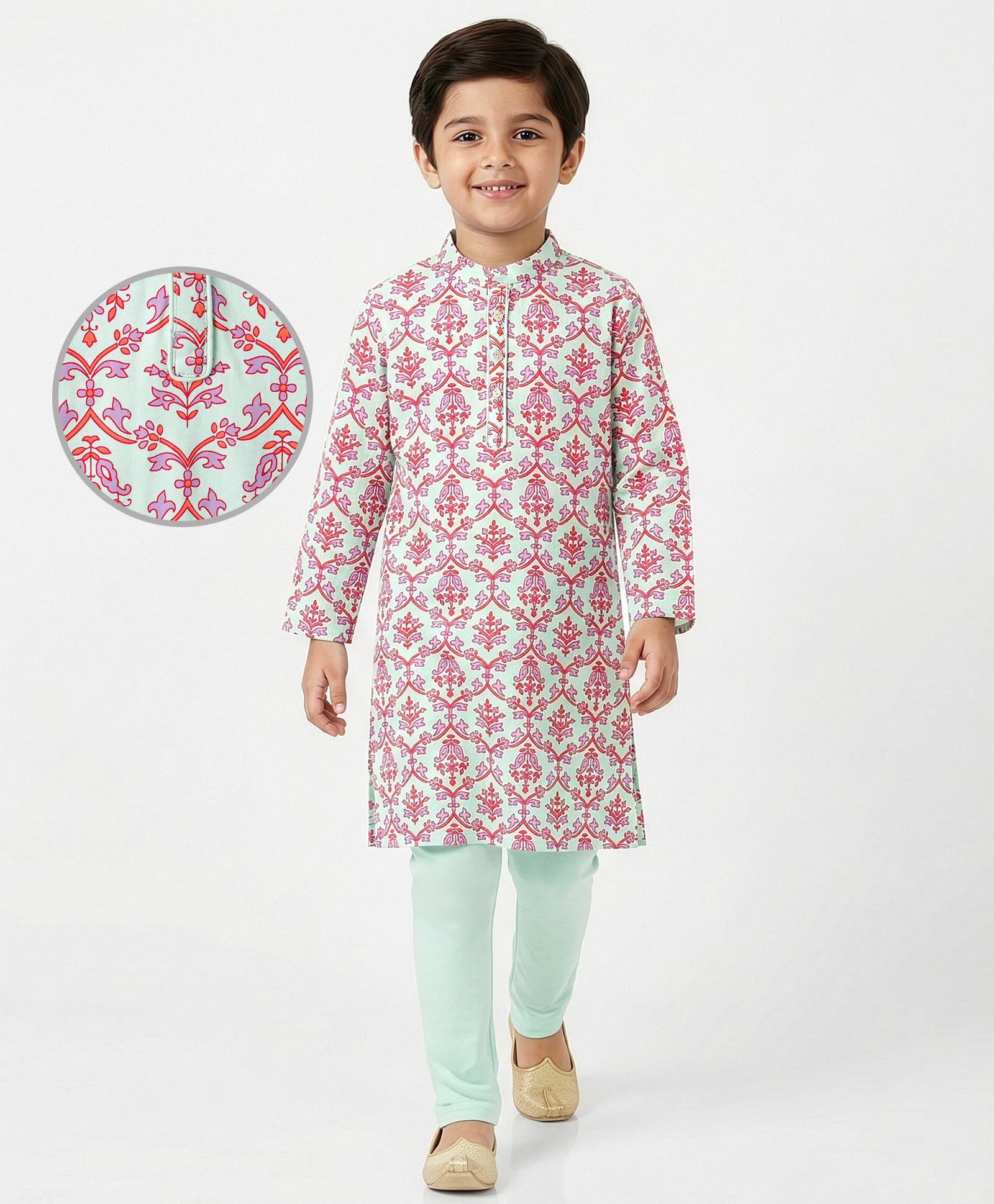 EARTHY TOUCH Cotton Knit Full Sleeves Kurta Pyjama Set With Floral Print - Light Blue-picture-22