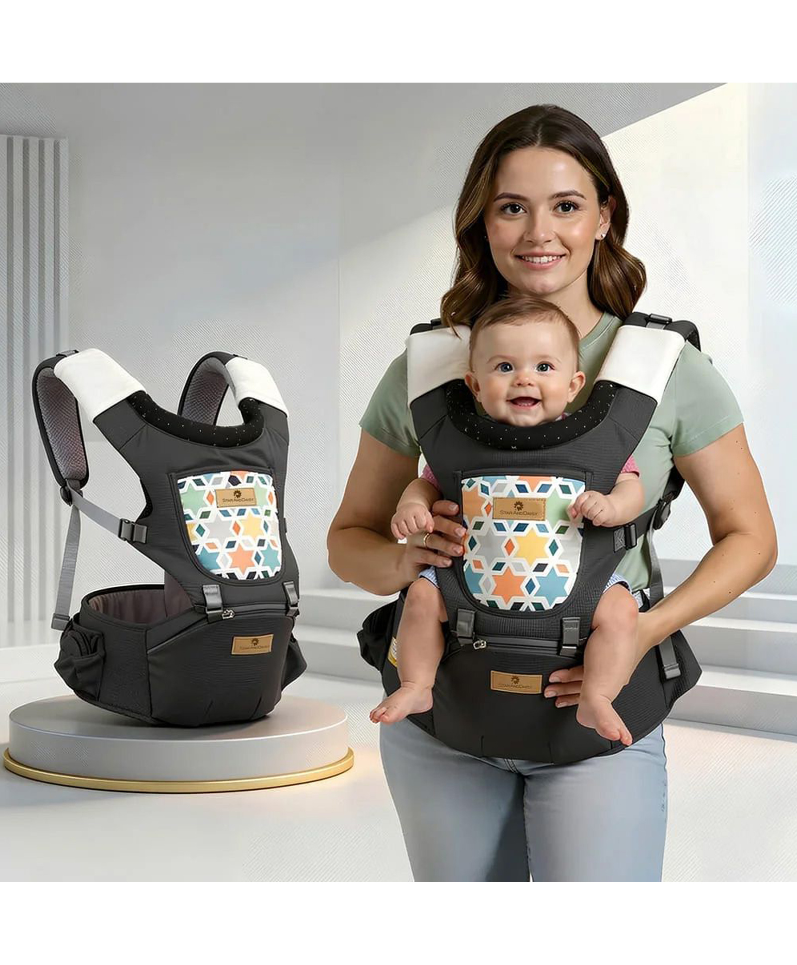 StarAndDaisy Baby Carrier with Adjustable Height and Waist Strap, M-Shaped Hip Seat Design, Storage Pocket, Breathable Fabric, Comfortable Baby Carrier for Newborns, Infants & Toddlers -Black-image-32