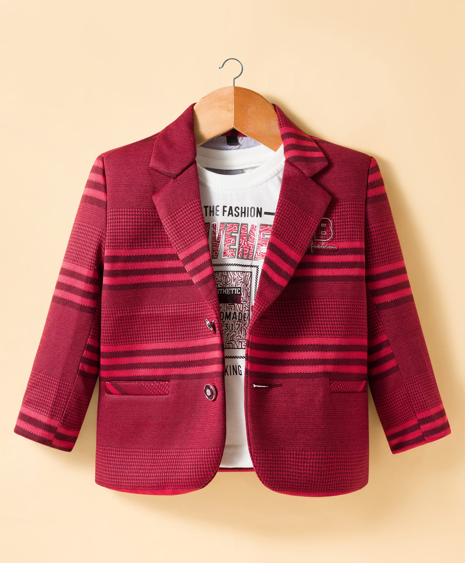 Dapper Dudes Full Sleeves Striped Blazer With Typography Printed Tee - Maroon-picture-23
