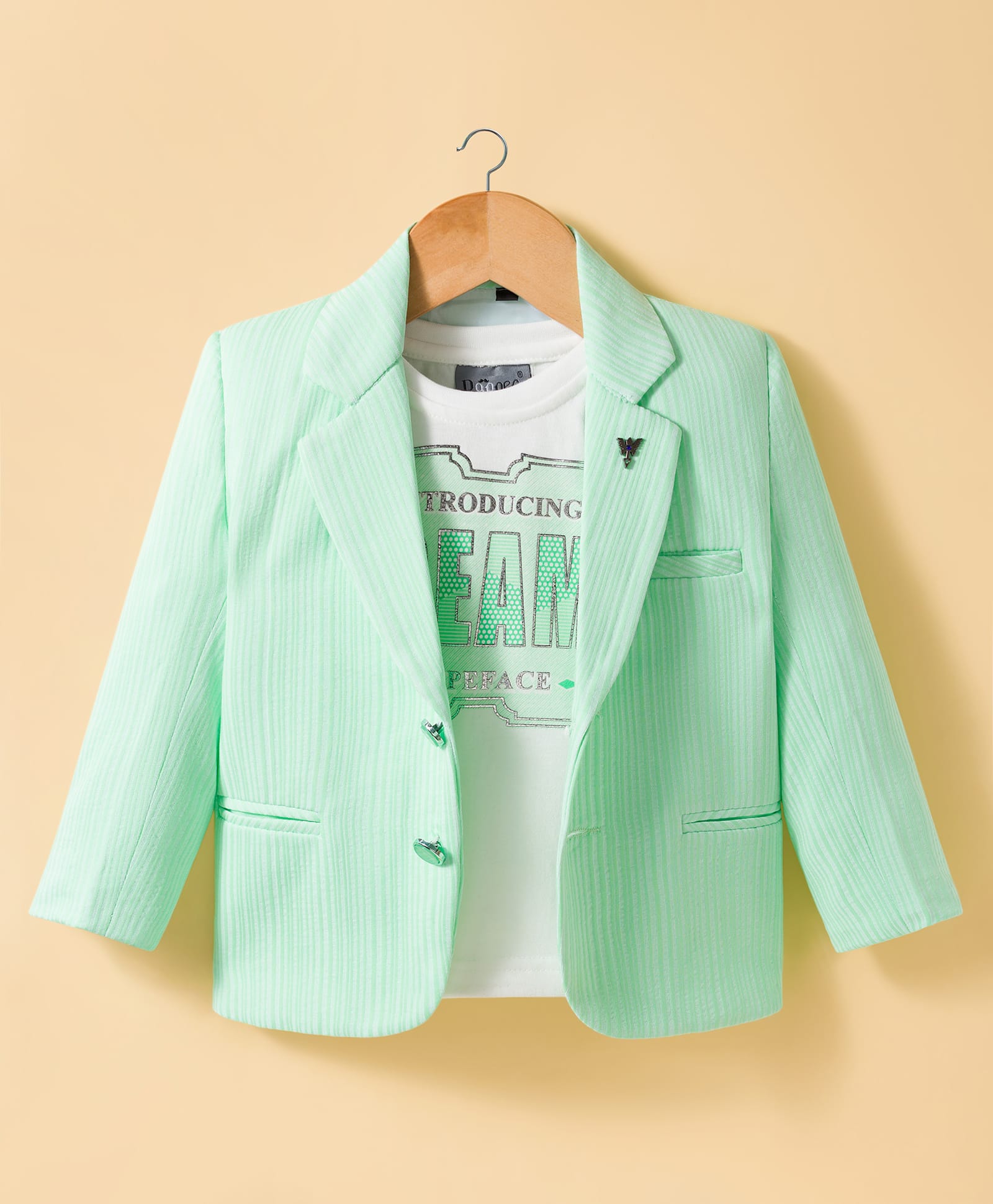 Dapper Dudes Full Sleeves Striped Blazer With Typography Printed Tee - Pista Green-image-1
