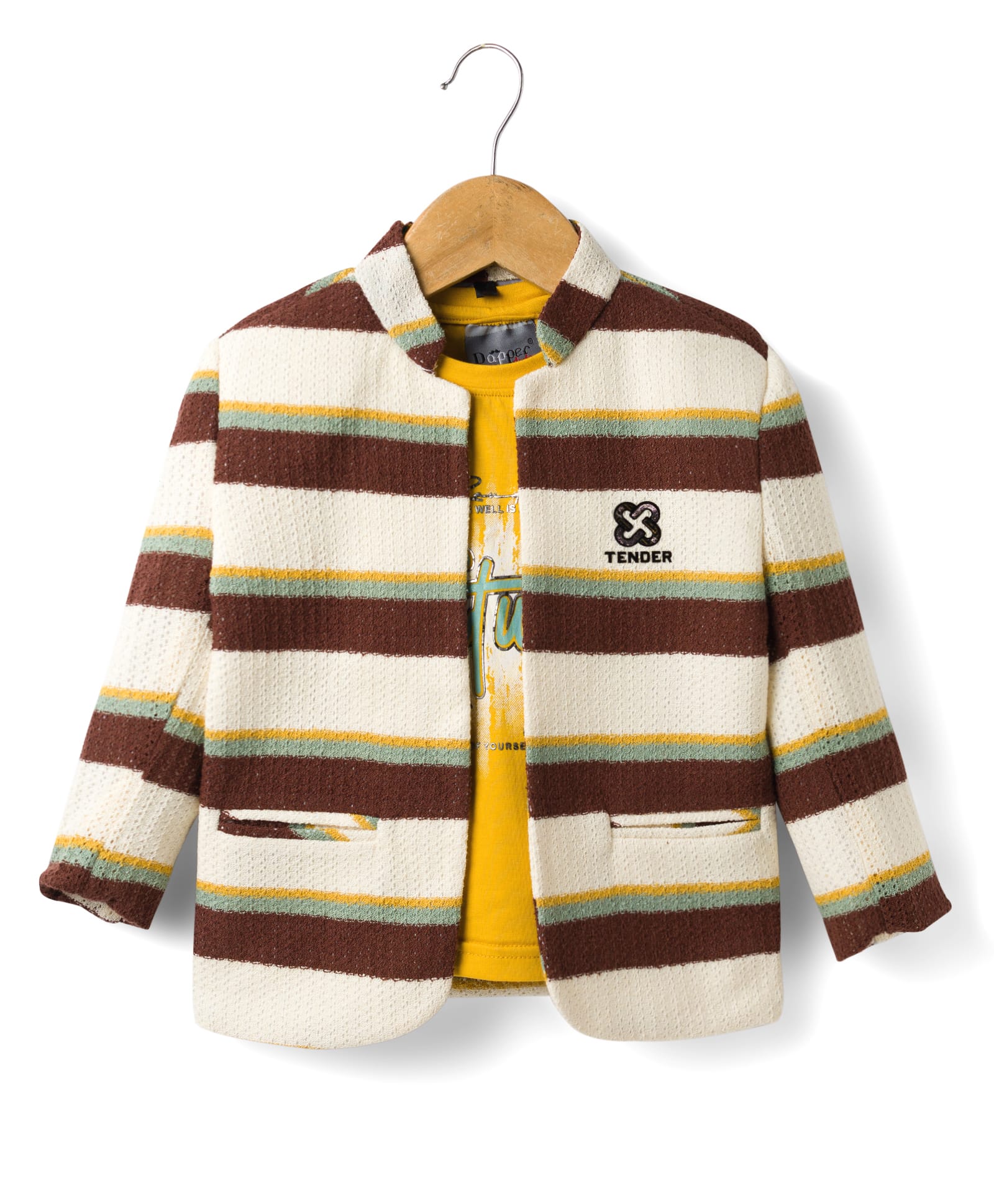 Dapper Dudes Full Sleeves Striped Blazer With Typography Foil Printed Tee - Cream-picture-25