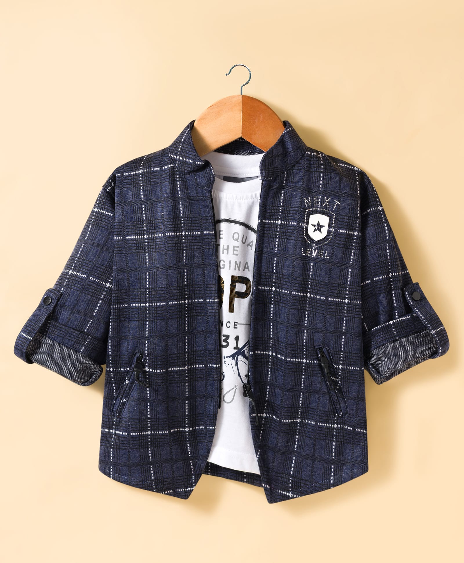 Dapper Dudes Full Sleeves Checked Jacket With Typography Printed Tee - Navy Blue-image-32