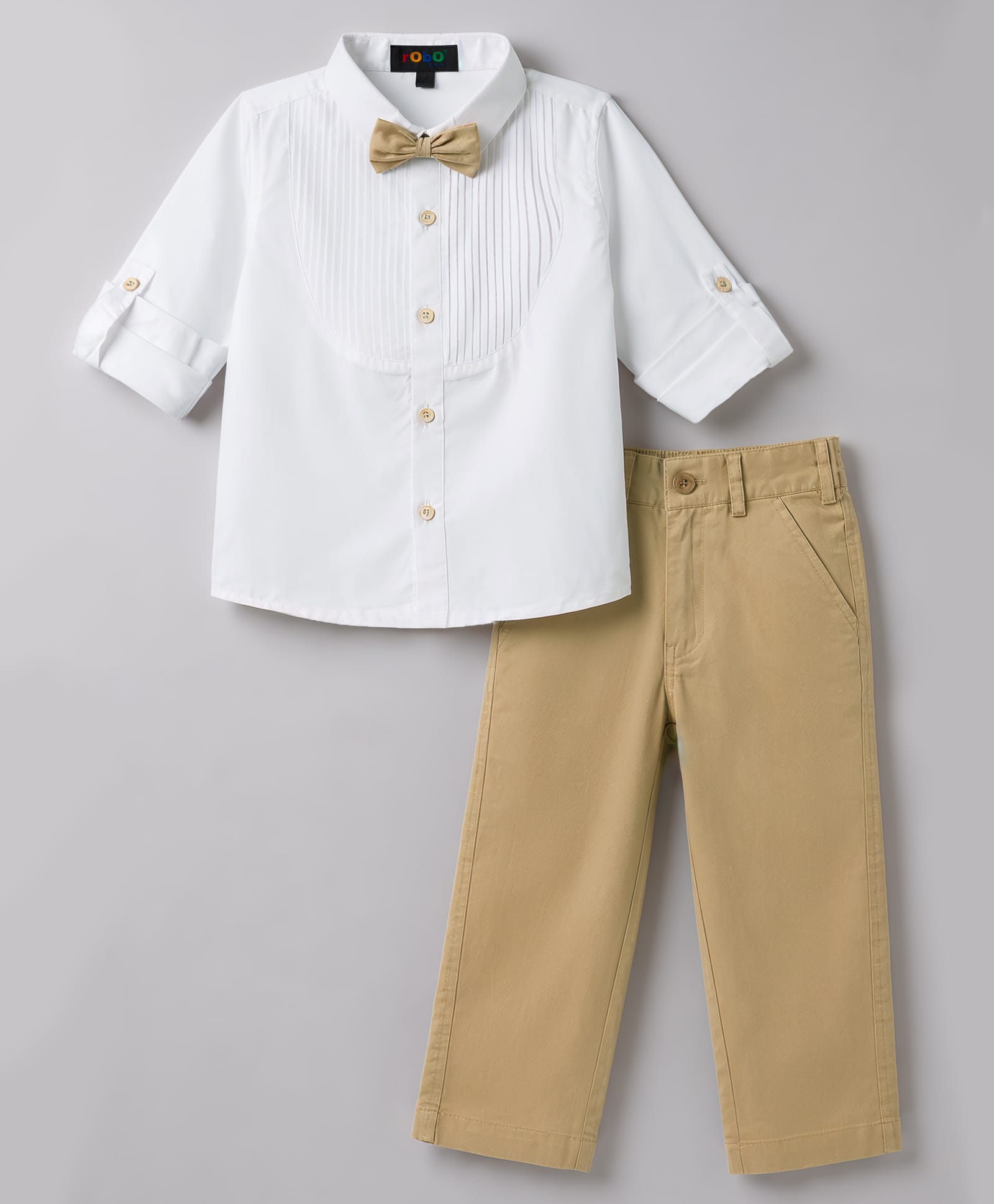 Robo Fry Cotton Woven Full Sleeves Solid Shirt & Trouser Set with Bow - Brown-picture-36