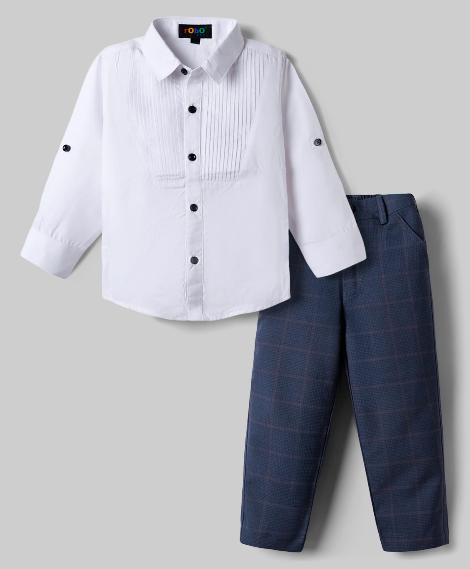 Robo Fry Cotton Woven Full Sleeves Solid Shirt & Checked Pant Set - Navy Blue & White-image-24