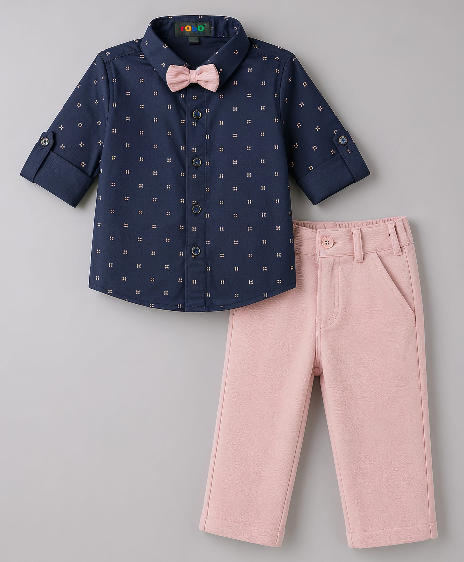 Robo Fry Cotton Woven Full Sleeves Printed Shirt & Trouser Set with Bow - Navy Blue-picture-25