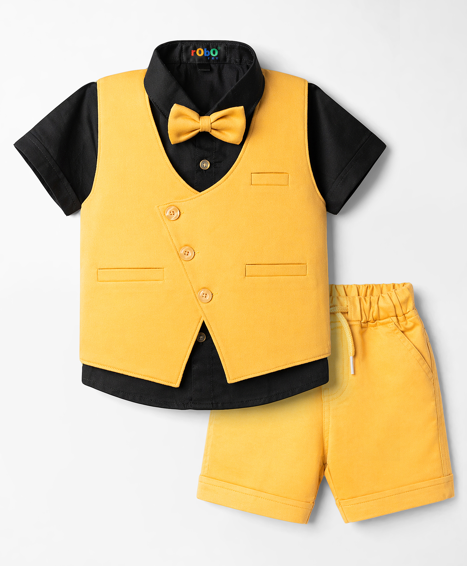 Robo Fry Cotton Woven Half Sleeves Solid 3 Piece Party Suit with Bow - Mustard-image-30