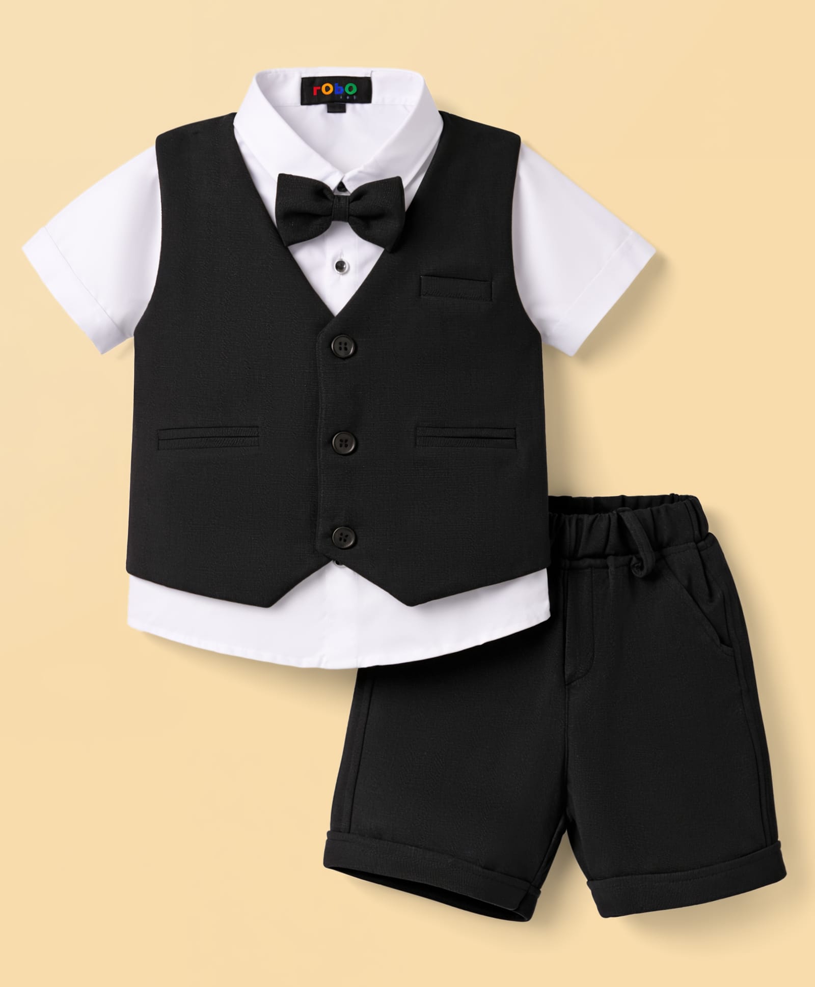 robo fry RoboFry Cotton Woven Half Sleeves 3-Piece Solid Party Suit With Bow - Navy Blue-picture-33