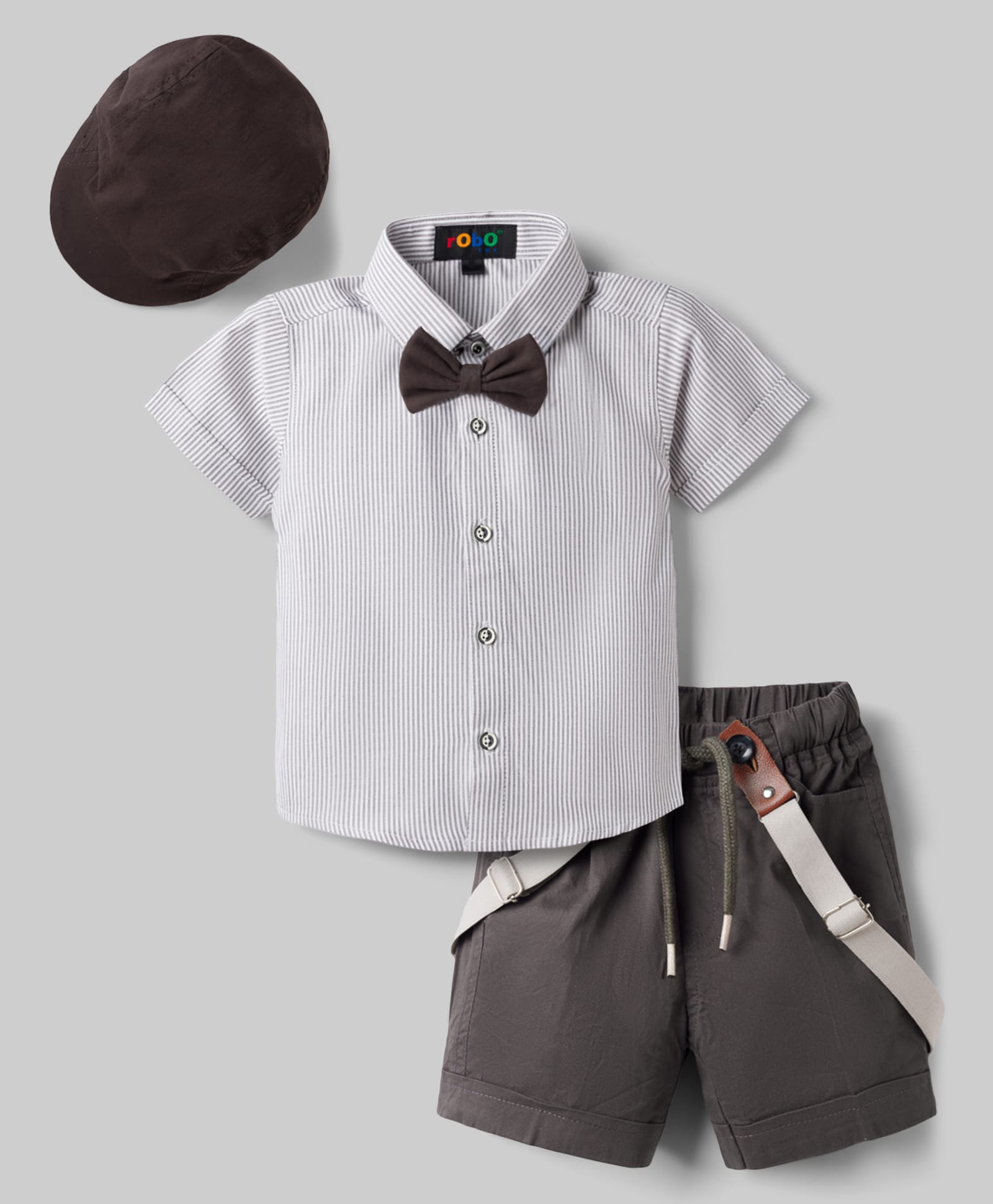 RoboFry Cotton Woven Half Sleeves Striped Shirt & Shorts Set with Cap Bow & Suspender - Grey-image-18