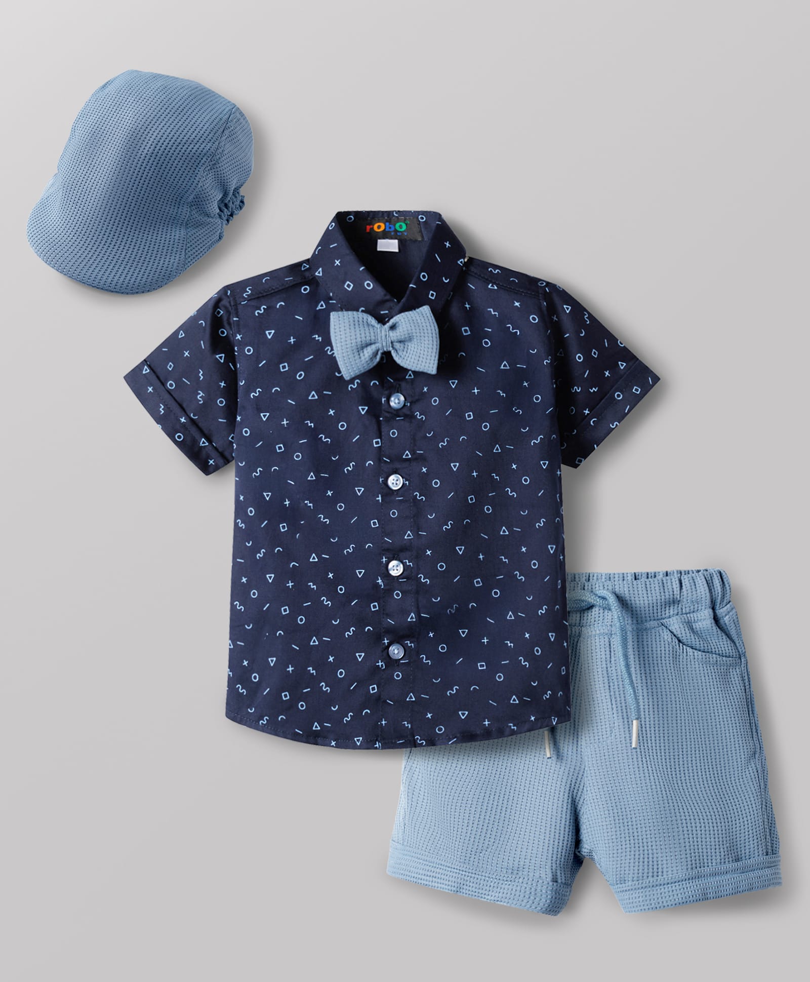 Robo Fry Cotton Woven Half Sleeves Printed Shirt & Shorts Set with Bow - Navy Blue-image-45