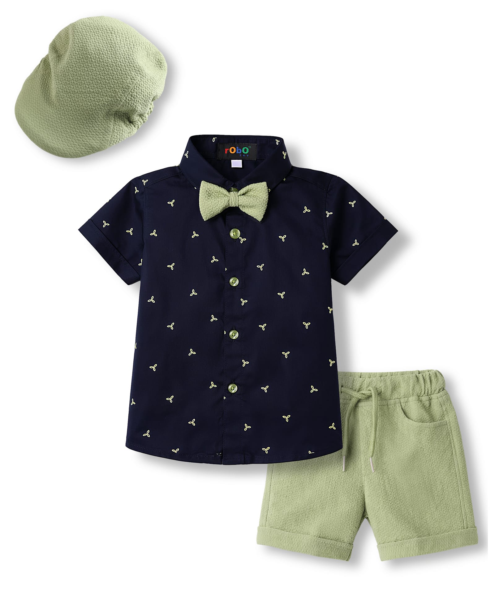 Robo Fry Cotton Woven Half Sleeves Printed Shirt & Shorts Set with Bow & Cap - Green-picture-49