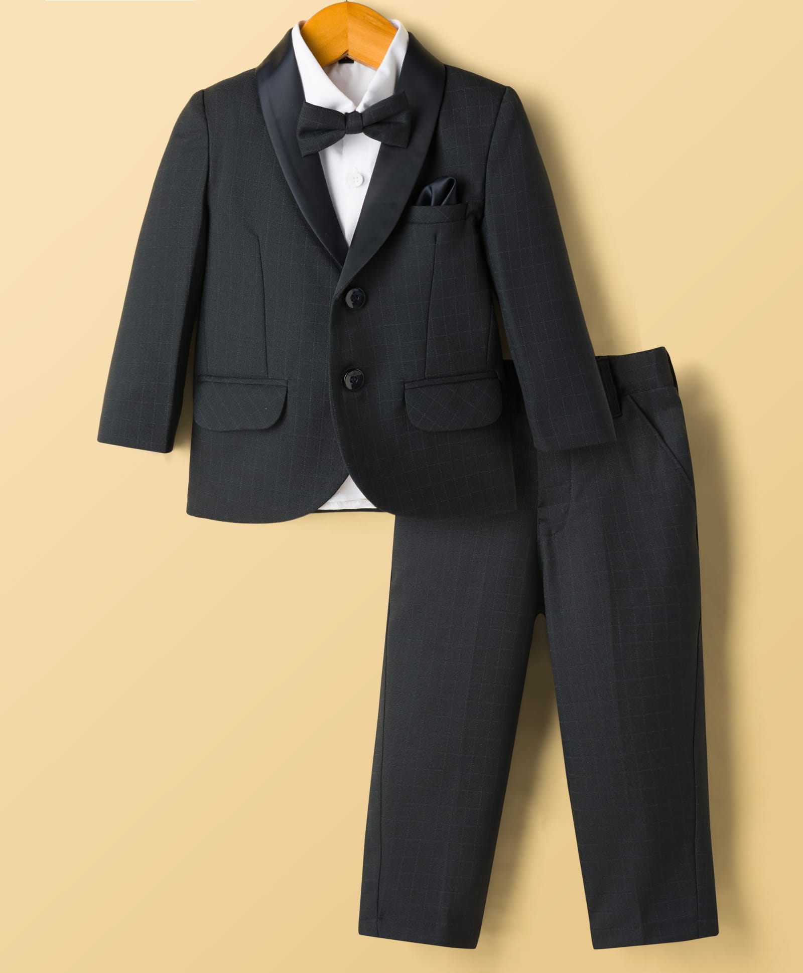 Robo Fry Cotton Woven Full Sleeves Solid 3 Piece Party Suit With Bow - Navy Blue-picture-31
