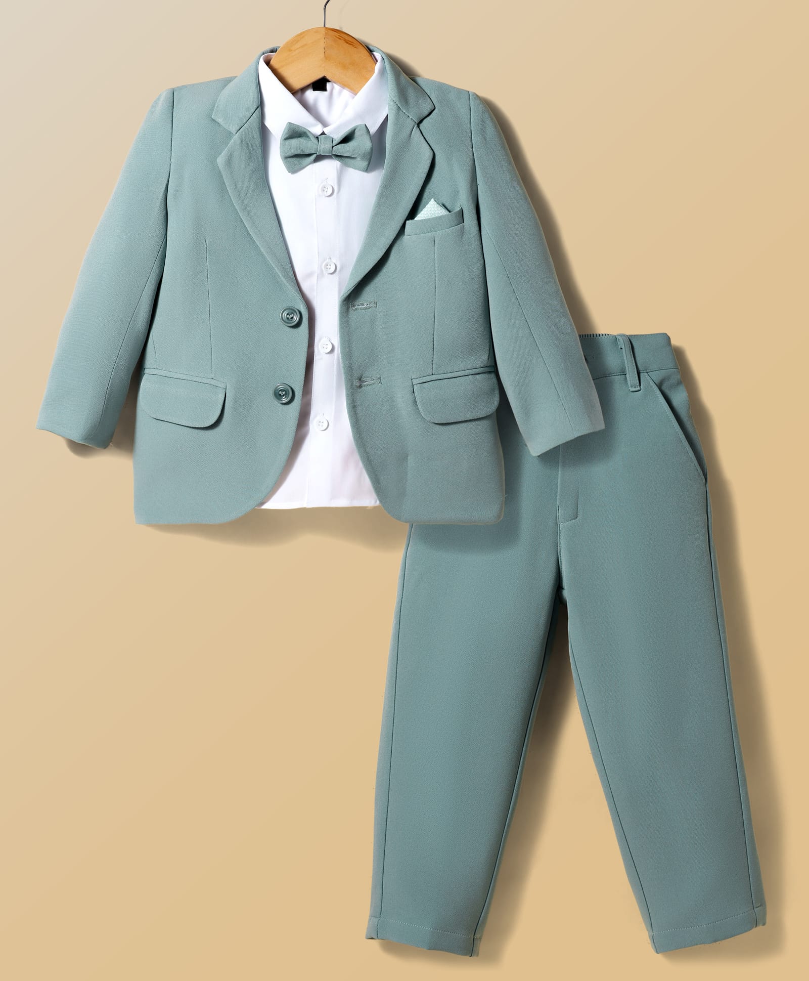 Robo Fry Cotton Woven Full Sleeves Solid Colour 3 Piece Party Suit with Bow - Light Green-picture-32