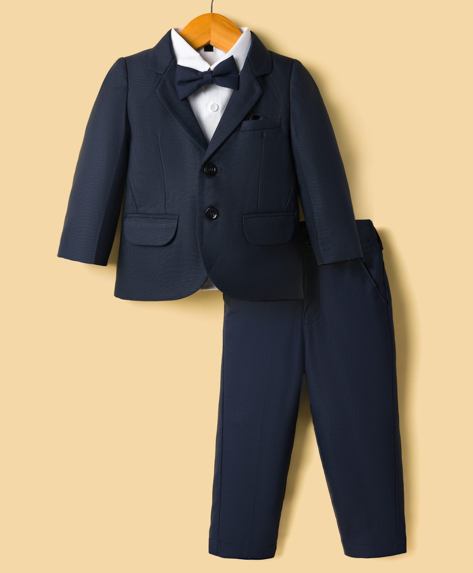 Robo Fry Cotton Woven Full Sleeves Solid 3 Piece Party Suit With Bow - Navy Blue-picture-24