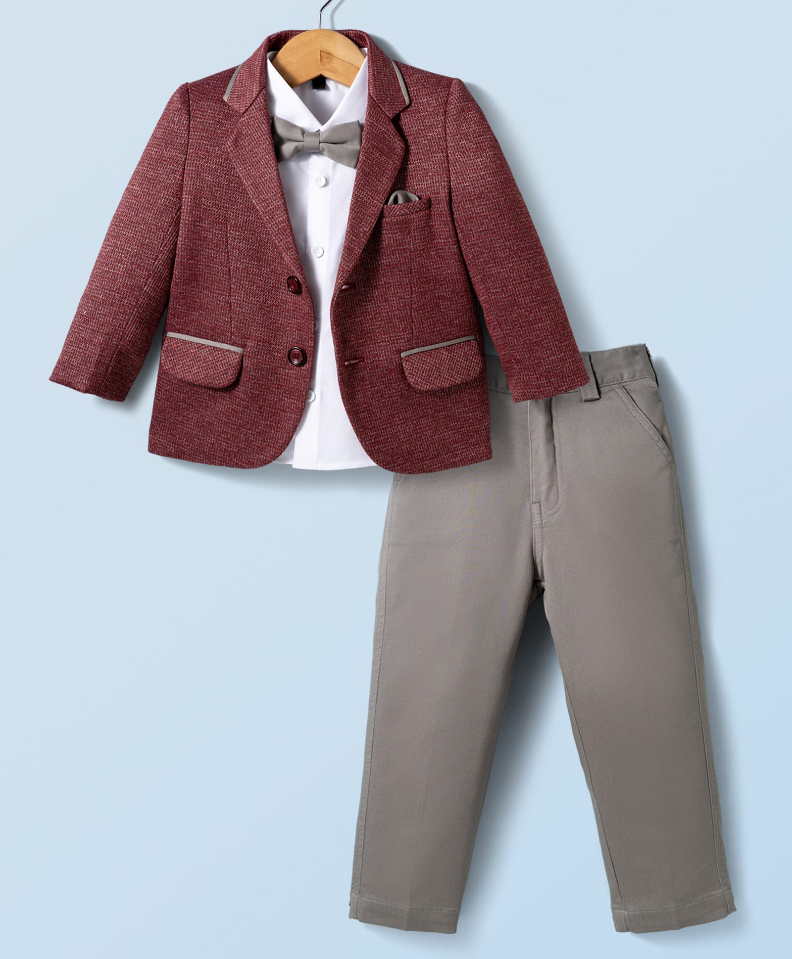 Robo Fry Cotton Woven Full Sleeves Solid Color 3 Piece Party Suit with Bow - Maroon-picture-31