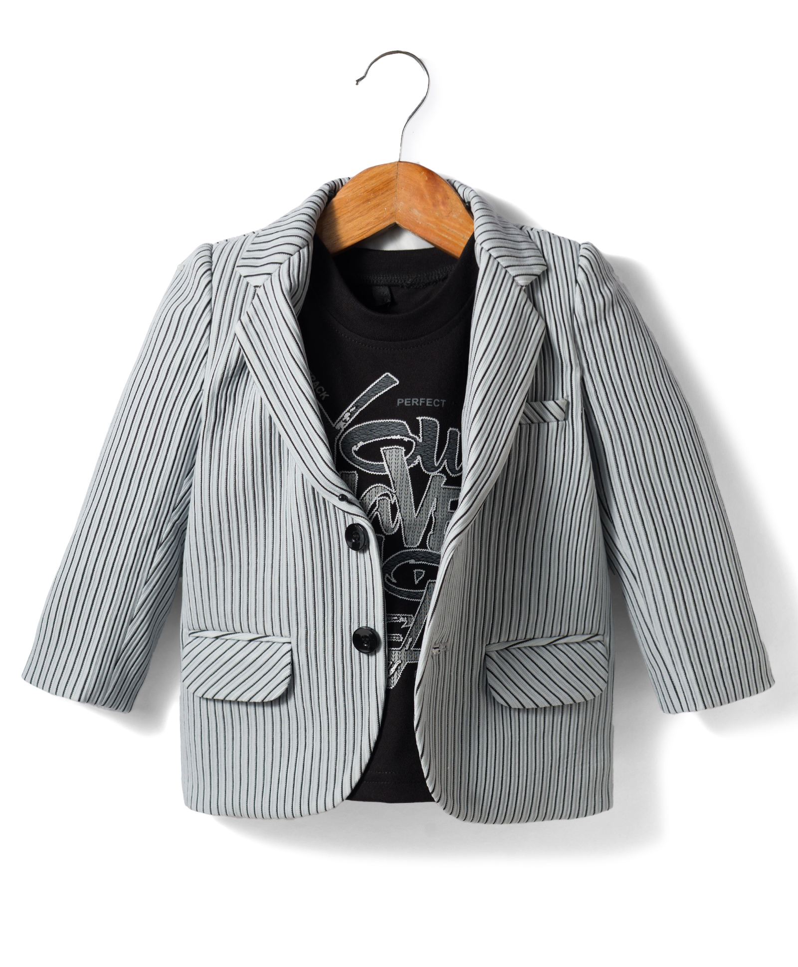 robo fry RoboFry Cotton Woven Full Sleeves Striped Party Blazer with Text Printed T-Shirt - Grey-picture-20