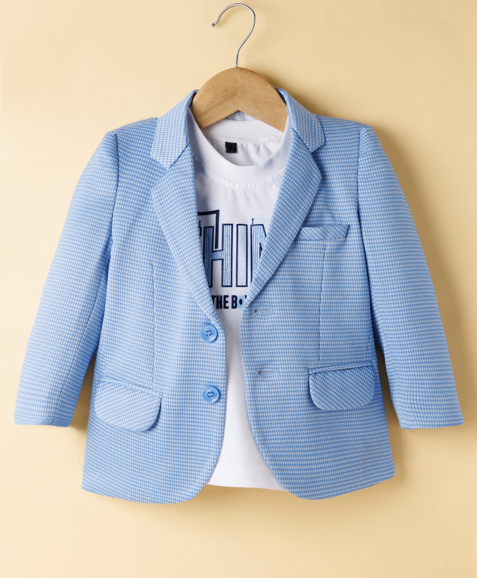 Robo Fry Cotton Woven Full Sleeves Checks Blazer With Inner Tee - Light Blue-picture-11