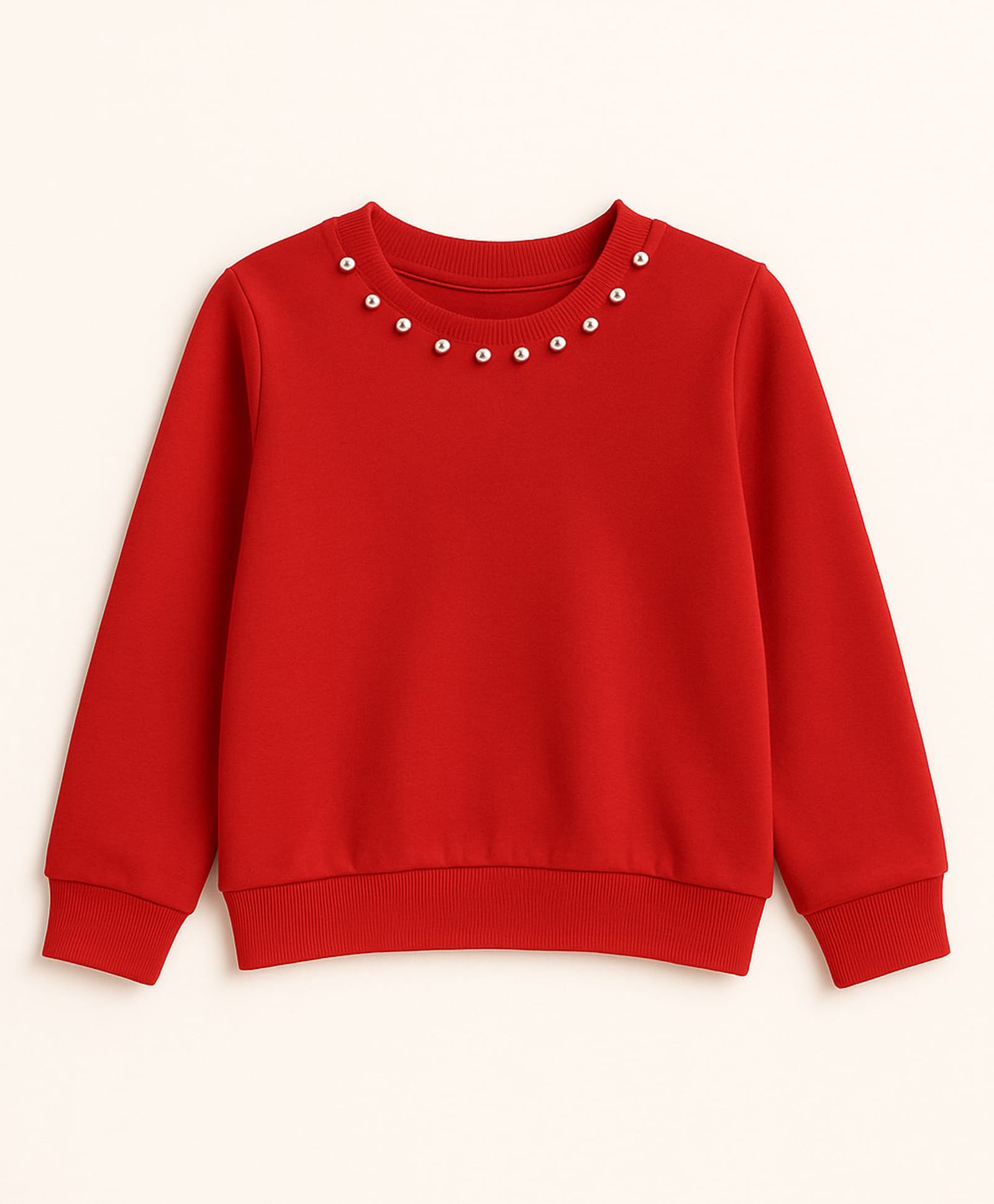Aww Hunnie Fleece Knit Full Sleeves Pearl Embellished Light Winter Sweatshirt - Red