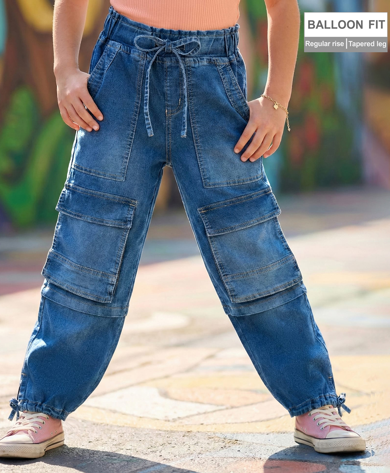 Arias Cotton Elastane Denim Woven Full Length High Rise Balloon Fit Jeans with Cargo Pockets - Blue-image-5