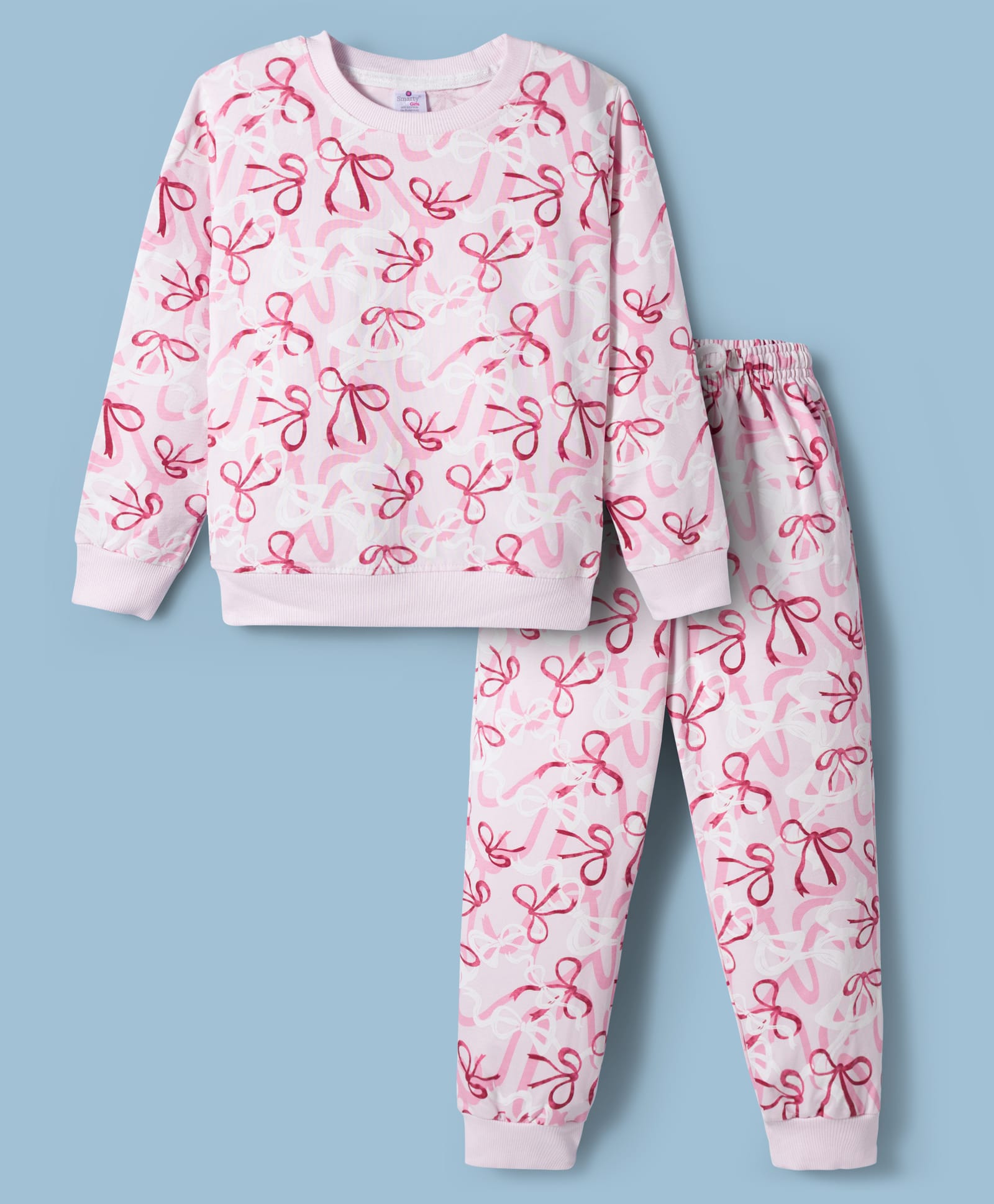 Smarty Girls Looper Knit Full Sleeves Winter Wear T-Shirt & Pyjama Co-ord Night Suit With Bow Print - Pink-picture-36