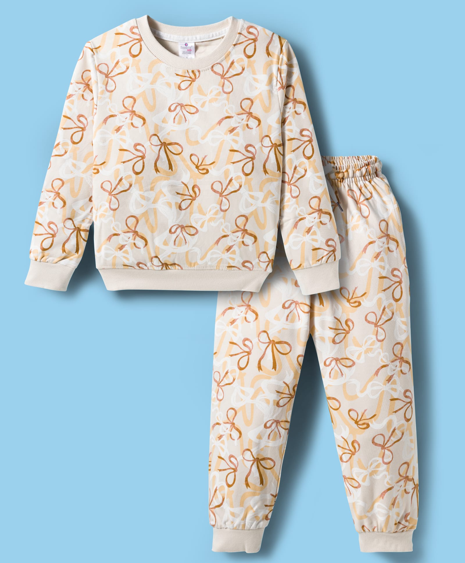 Smarty Girls Looper Knit Full Sleeves Winter Wear T-Shirt & Pyjama Co-ord Night Suit With Bow Print - Beige-picture-22