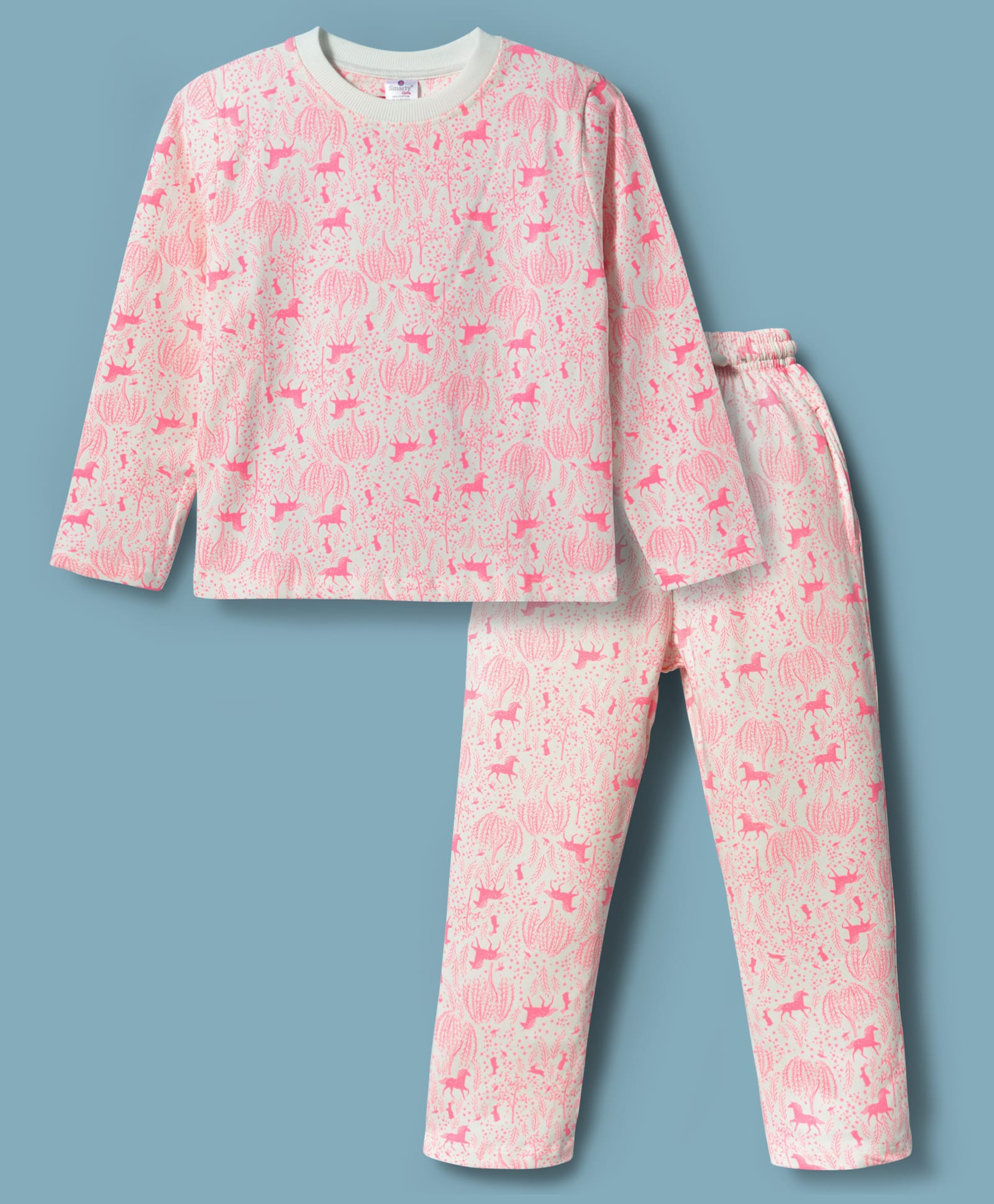 Smarty Girls Looper Knit Full Sleeves Winter Wear T-Shirt & Pyjama Co-ord Night Suit With Horse Print - Pink-picture-23