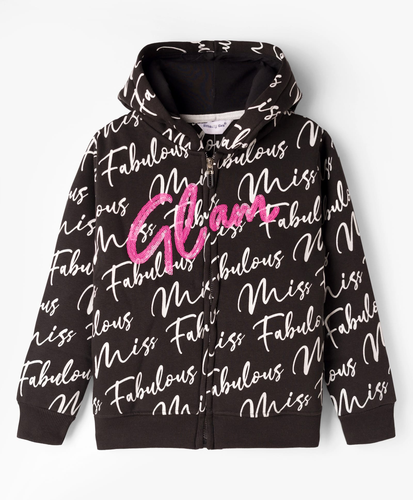 Smarty Girls Fleece Knit Full Sleeves Hooded SweatJacket with Glam Print & Sequin Detailing - Charcoal Grey-image-15