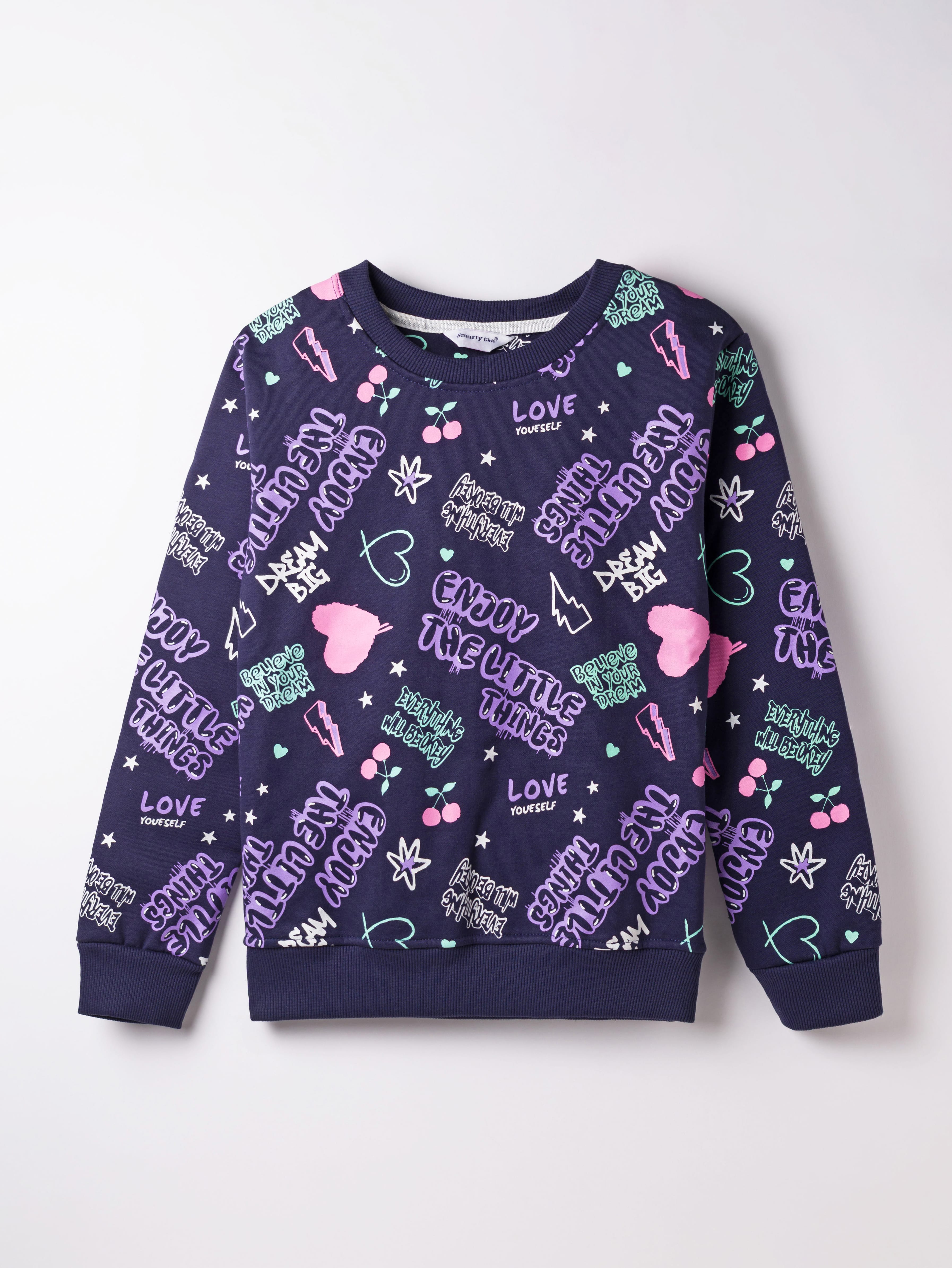 Smarty Girls Fleece Knit Full Sleeves Sweatshirt with Text Print - Navy Blue-picture-36