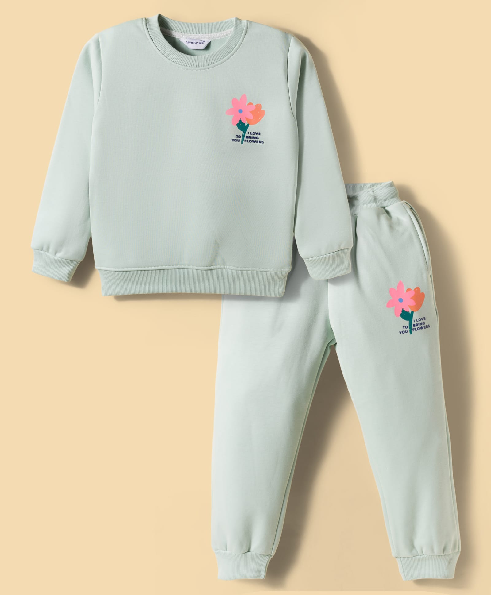 Smarty Girls Fleece Knit Full Sleeves Winter Night Suit with Floral Print - Mint-picture-32