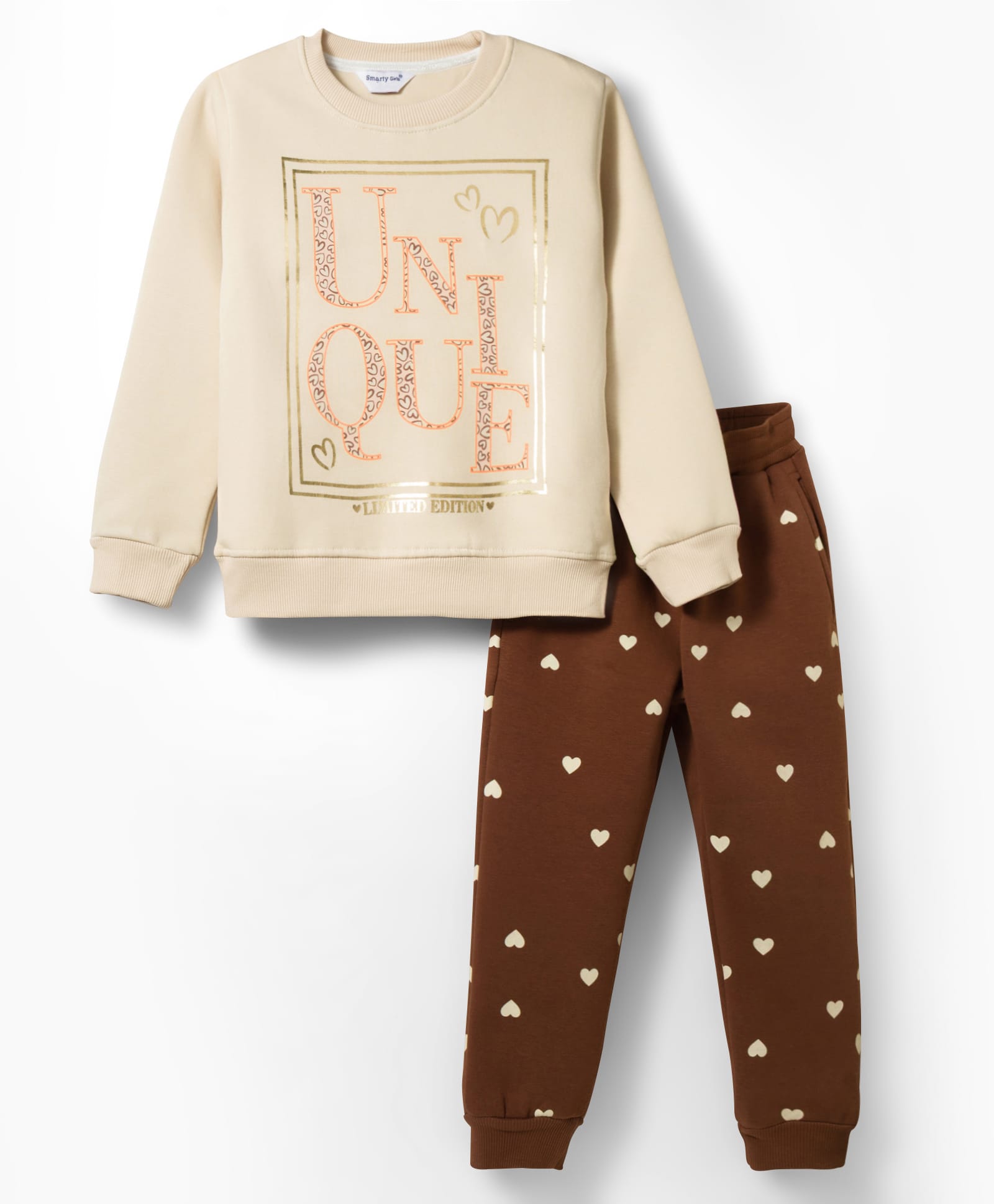 Smarty Girls Fleece Knit Full Sleeves Winter Wear T-Shirt & Pyjama Night Suit With Unique Print - Beige