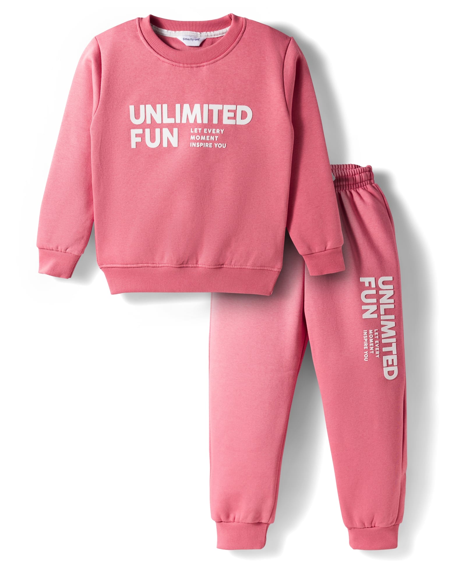 Smarty Girls Fleece Knit Full Sleeves Winter Wear T-Shirt & Pyjama Co-ord Night Suit with Unlimited Fun Print - Coral-picture-24