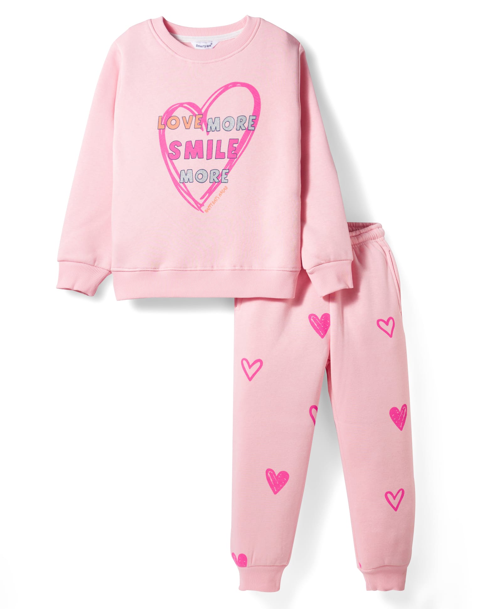 Smarty Girls Fleece Knit Full Sleeves Winter Wear T-Shirt & Pyjama Night Suit With Heart Print - Pink-picture-25