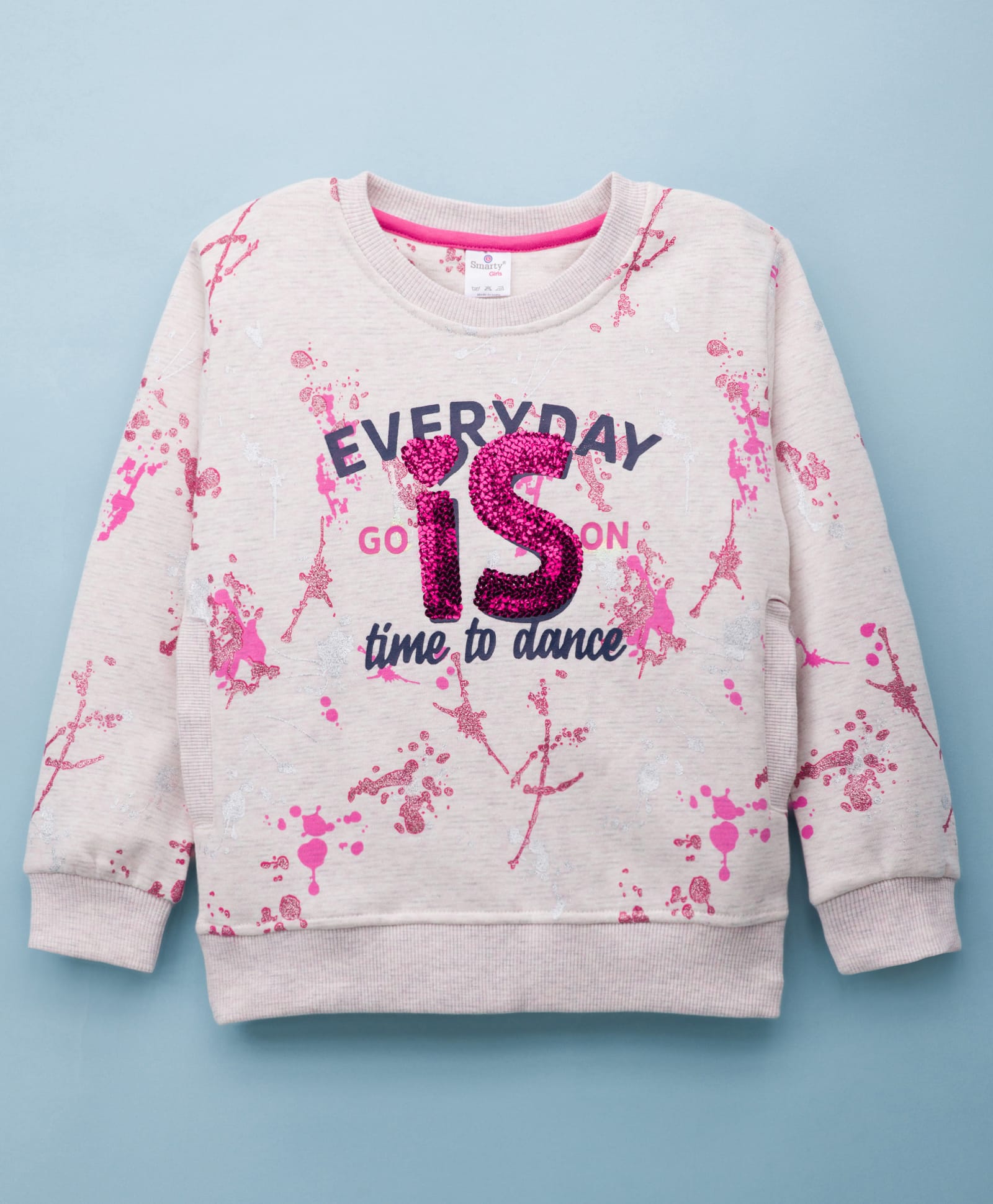 Smarty Girls Fleece Knit Full Sleeves Sweatshirt with Text Print & Sequin Detailing - White & Pink