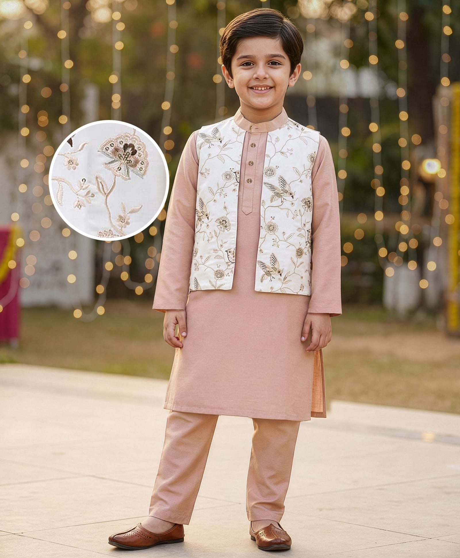 EARTHY TOUCH Woven Full Sleeves Kurta Pajama Set with Attached Jacket Floral Embroidery - Off White & Rose Gold-image-47