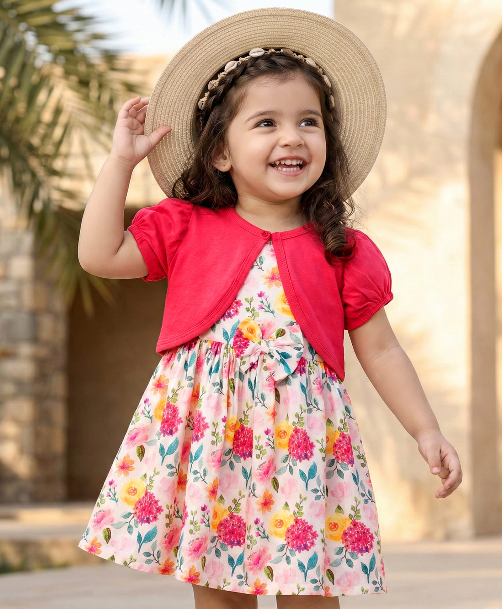 Babyhug 100% Cotton Woven Half Sleeves Floral Printed Frock With Shrug - Multicolour-image-18
