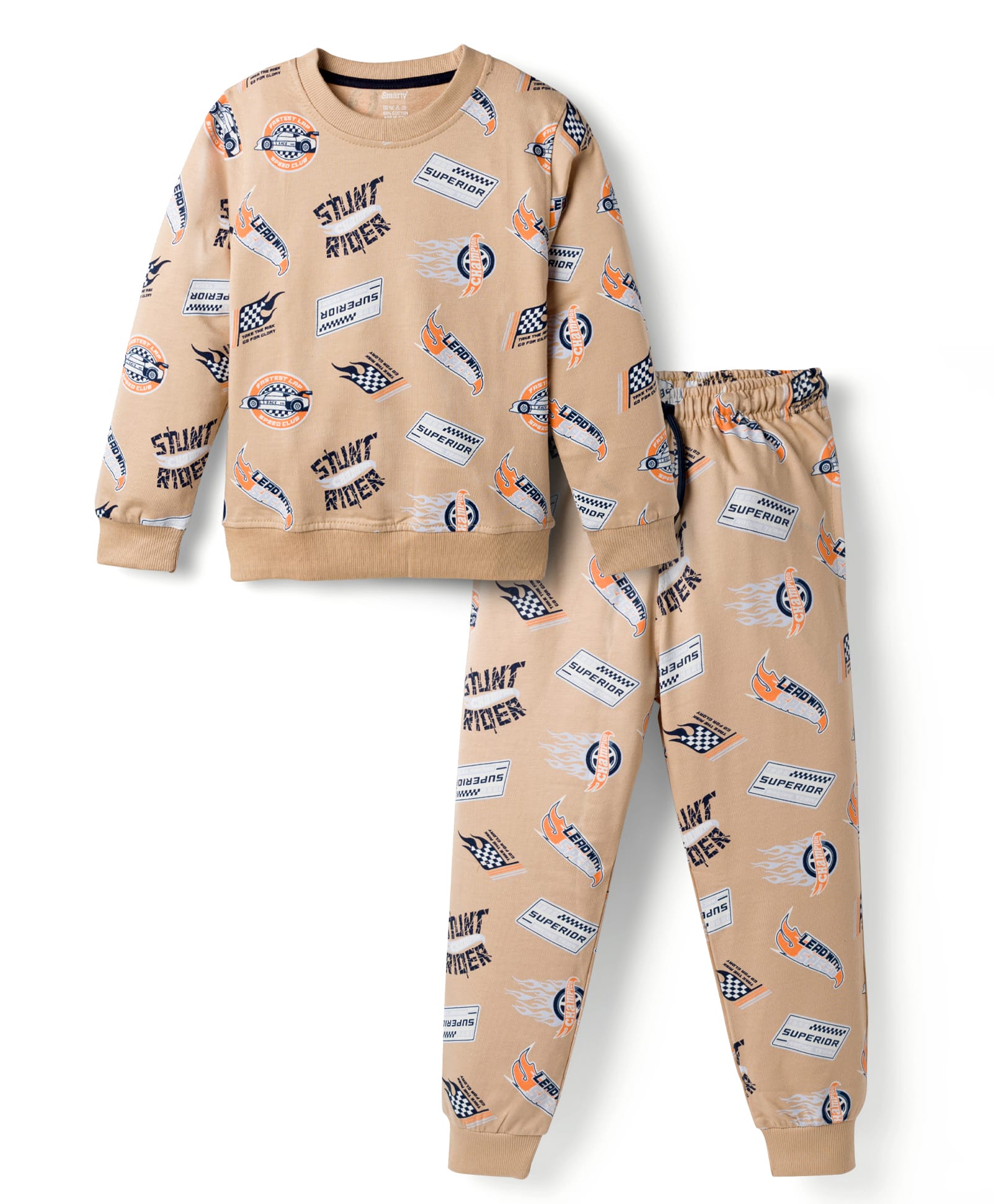 Smarty Boys Looper Knit Full Sleeves Co-ords Winter Night Suit with Racing Print - Khaki-picture-18
