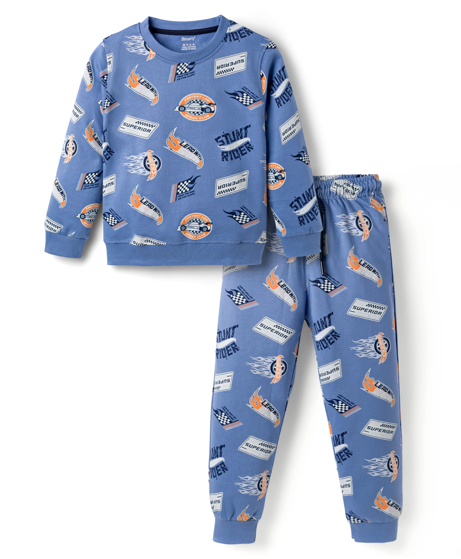 Smarty Boys Looper Knit Full Sleeves Co-ords Winter Night Suit with Racing Print - Navy Blue-picture-32