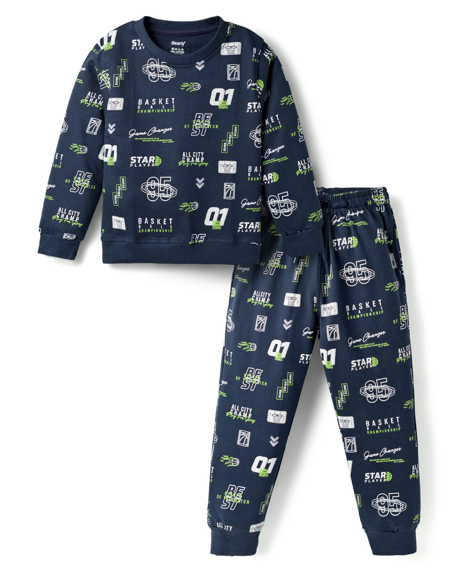 Smarty Boys Looper Knit Full Sleeves Co-ords Winter Night Suit with Basketball Print - Navy Blue-picture-29