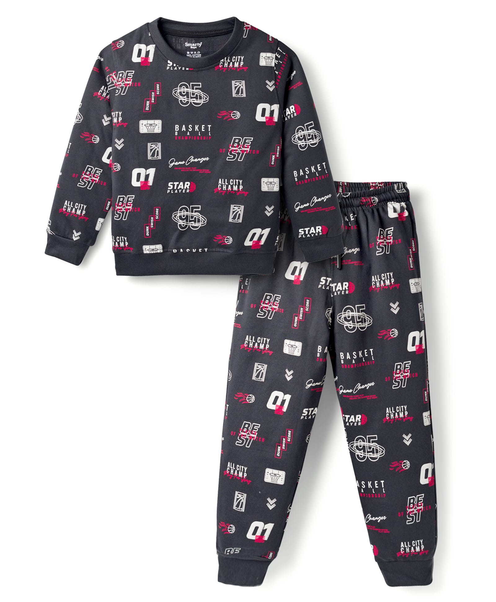 Smarty Boys Looper Knit Full Sleeves Co-ords Winter Night Suit with Basketball Print - Black-image-17