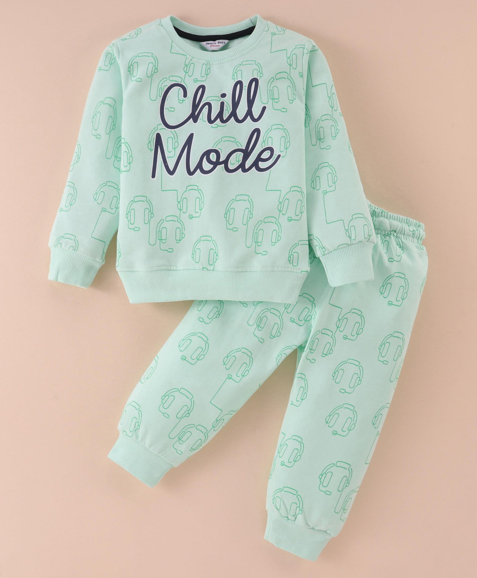 Smarty Boys Looper Knit Full Sleeves Winter Wear T-Shirt & Pajama Night Suit with Chill Mode Print - Mint-picture-36