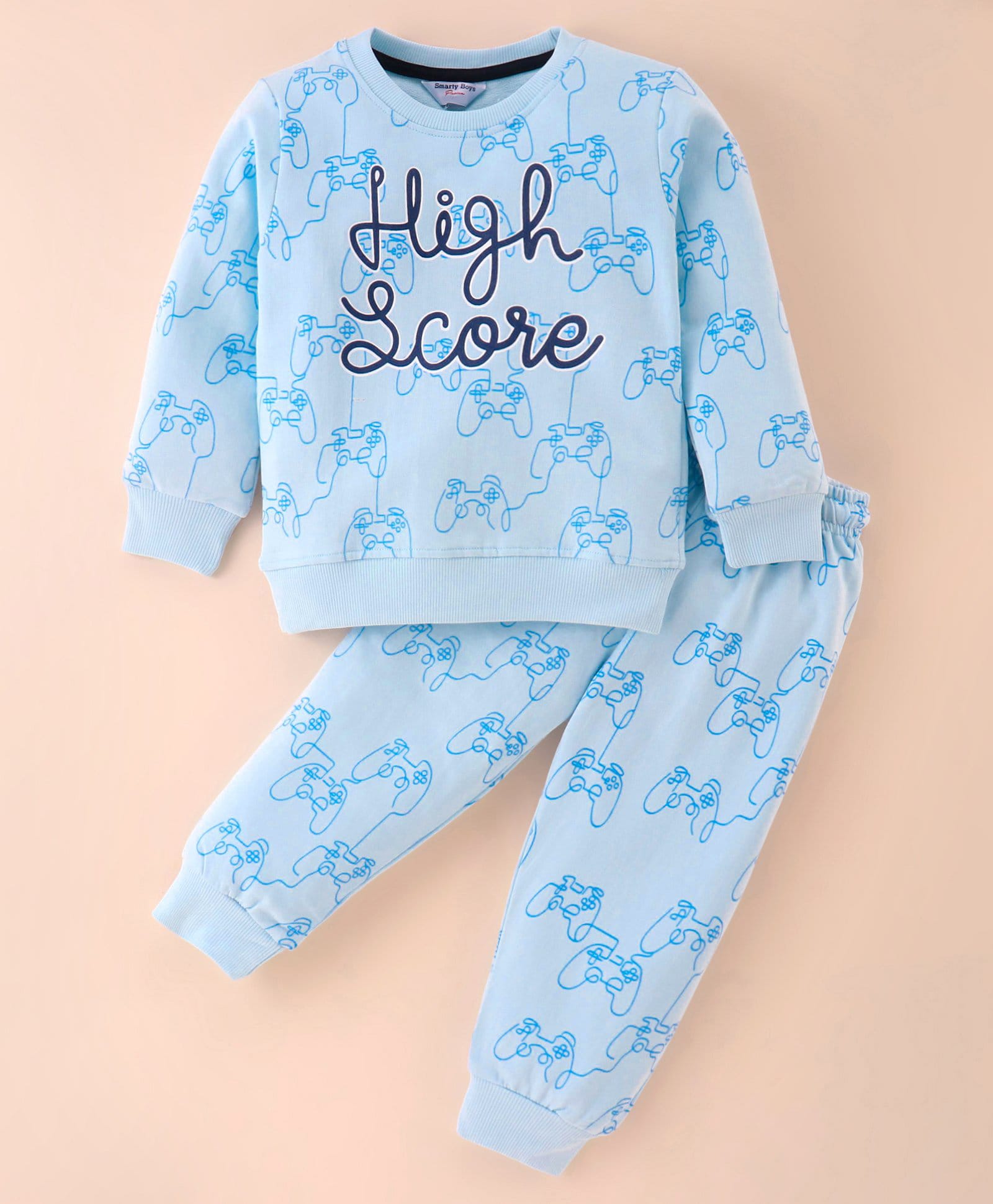 Smarty Boys Looper Knit Full Sleeves Winter Wear T-Shirt & Pajama Night Suit with High Score Print - Aqua Blue-picture-23