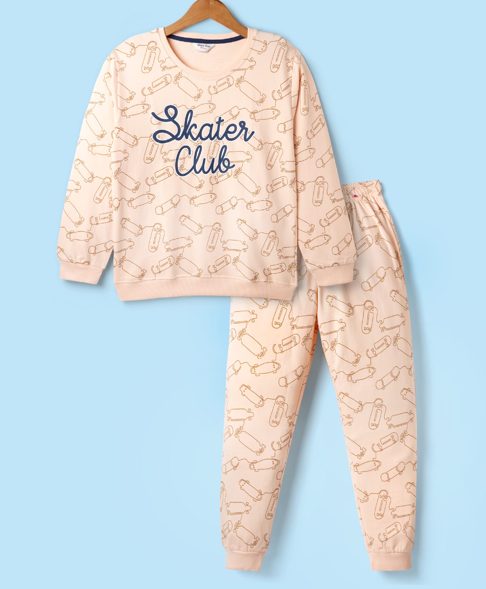 Smarty Boys Looper Knit Full Sleeves Winter Wear T-Shirt & Pajama Night Suit with Skate Club Print - Peach-picture-35
